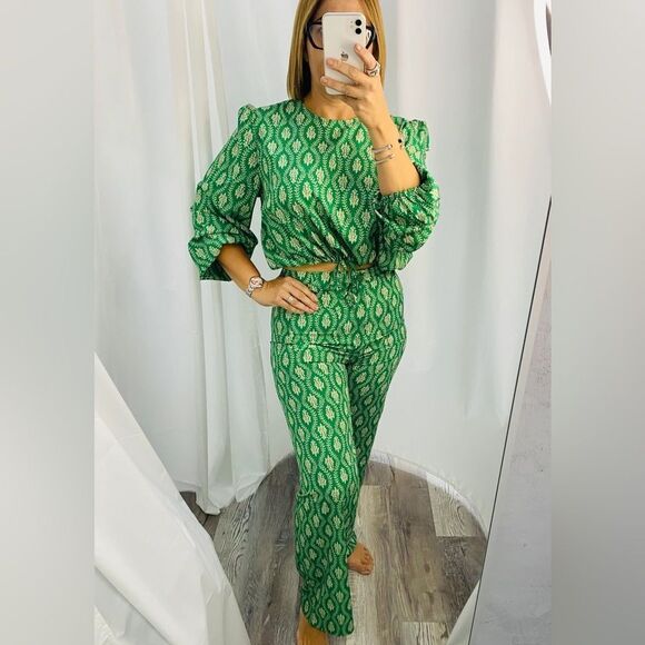 Zara blogger favorite green printed cotton top with waist tie - Picture 2 of 8